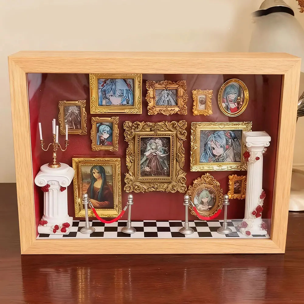 boîte cadre photo verre transparent miniatures décoratives maison poupée roses séchées portraits paysages