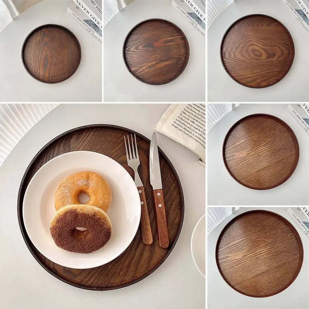 plateau rond bois marron assiettes tasses fourchette couteau donuts livres 21cm 24cm 27cm 30cm