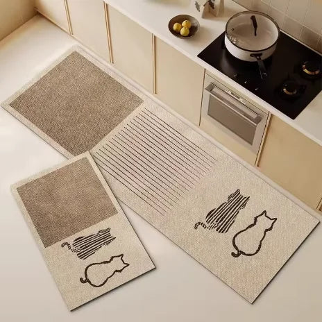 tapis cuisine moderne beige motif chats texture rugueuse imperméable lavable pvc japonais coréenextérieur salon