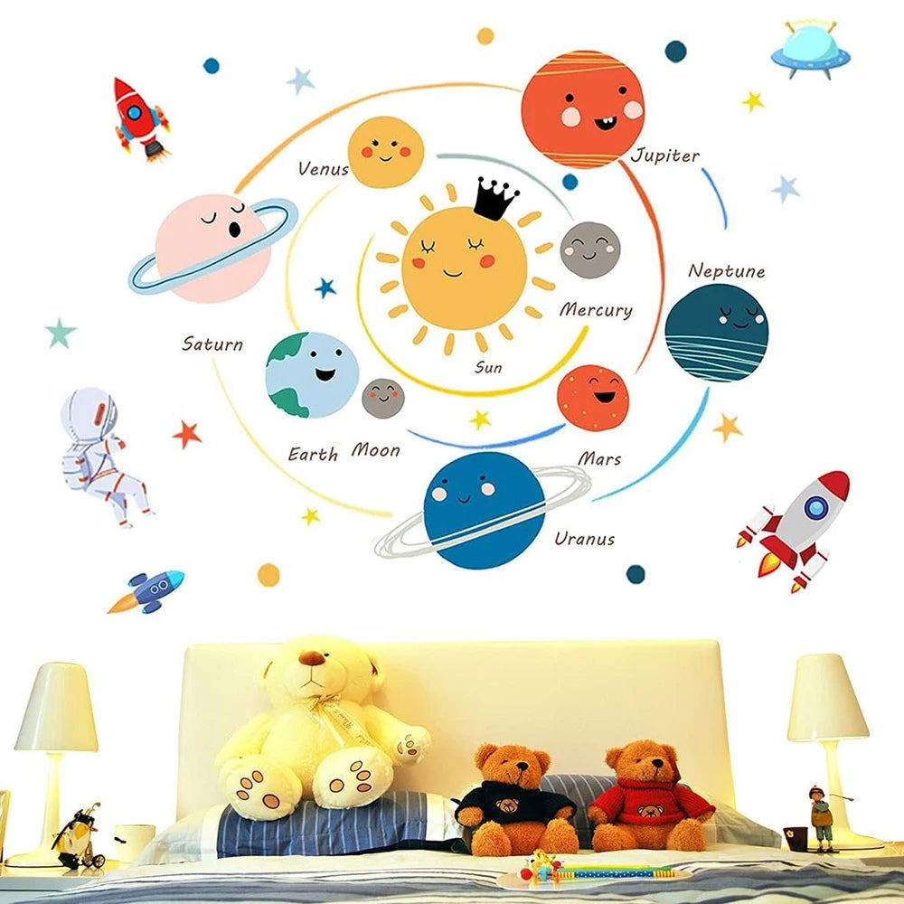 décoration murale stickers planètes astronautes fusées géométrique enfantin multicolore playroom preschool classroom