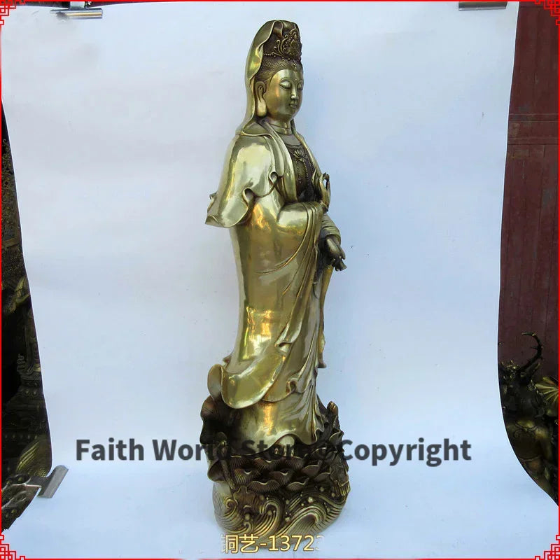 statue bouddhiste or lisse base motif floral cuivre traditionnel asiatique grande decoration maison hall