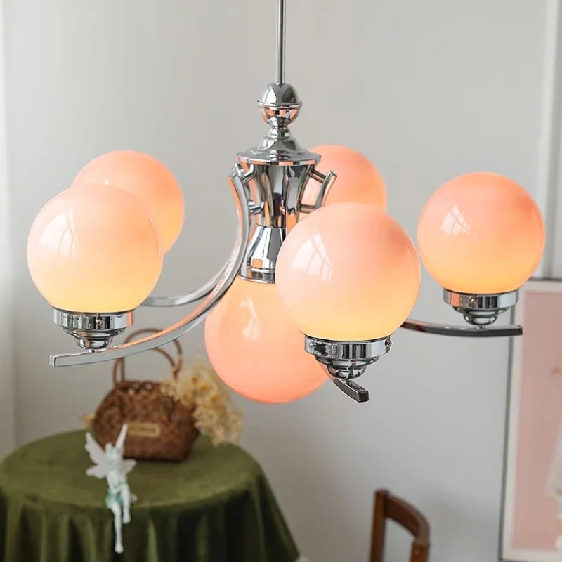 lustre moderne chrome sphères translucides suspension câble led têtes têtes orange