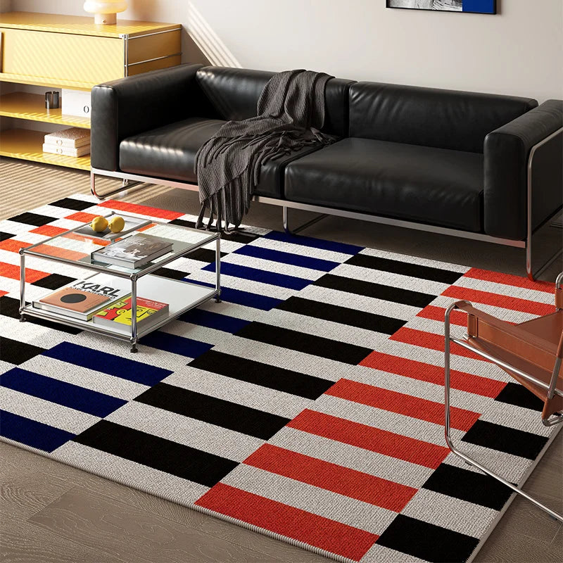 tapis géométrique moderne carreaux noirs blancs lignes colorées durable antidérapant intérieur extérieur