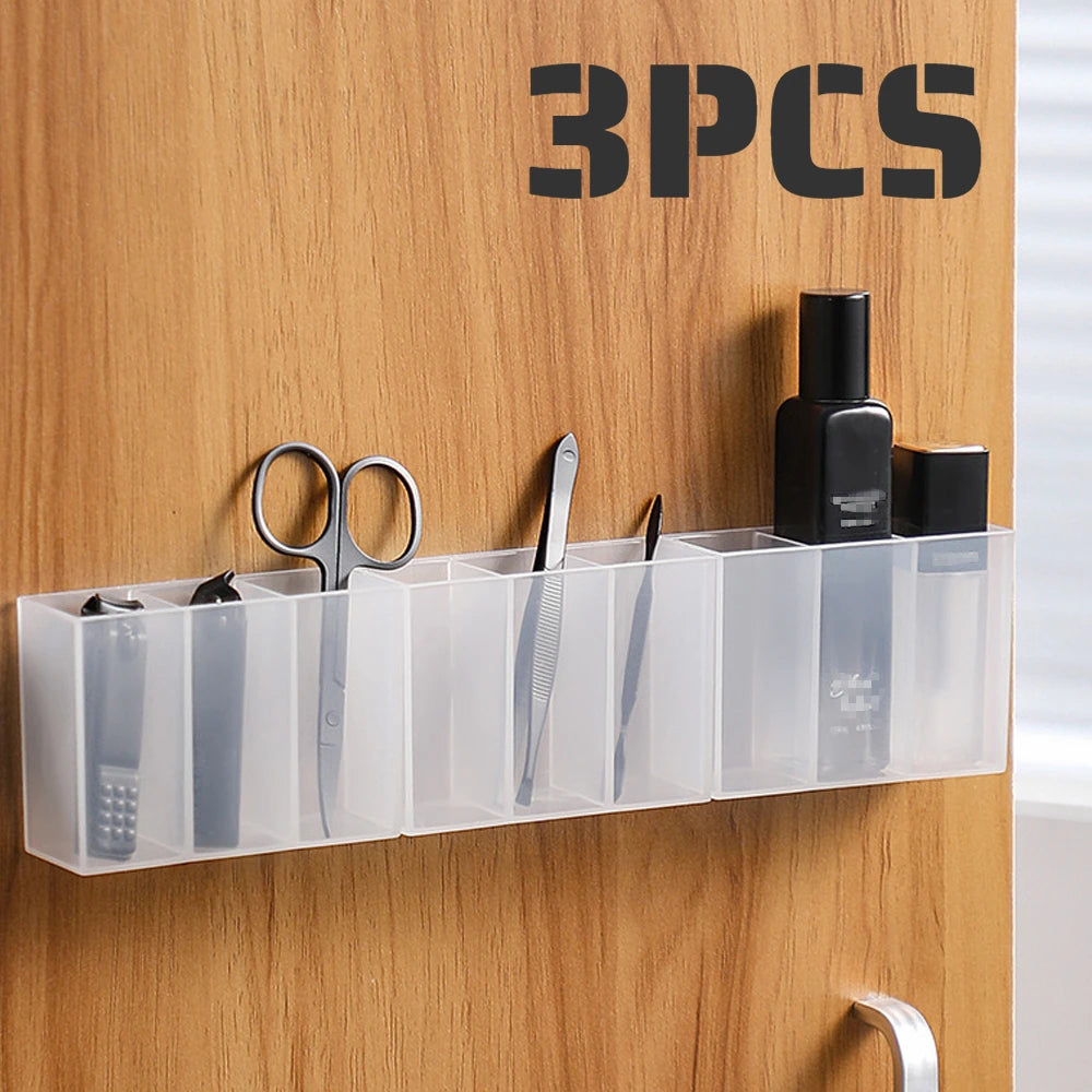 organisateur mural adhésif boîte rangement transparent blanc minimaliste utilitaire pince épiler ciseaux maquillage pinceaux