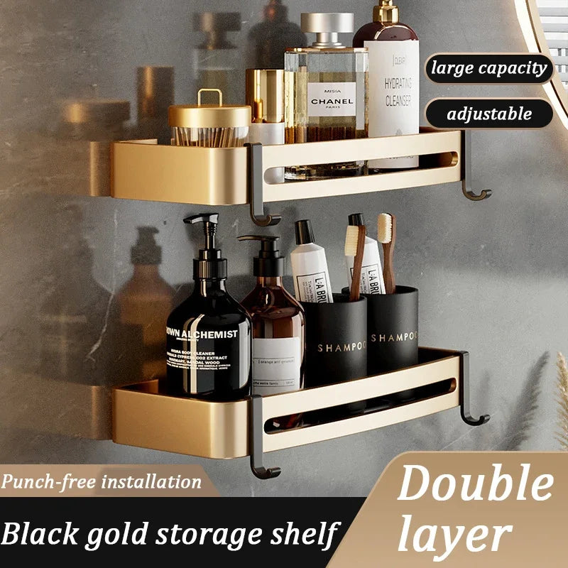 ensemble rangement salle bain noir doré moderne porte serviettes brosses savonnette clips élégant
