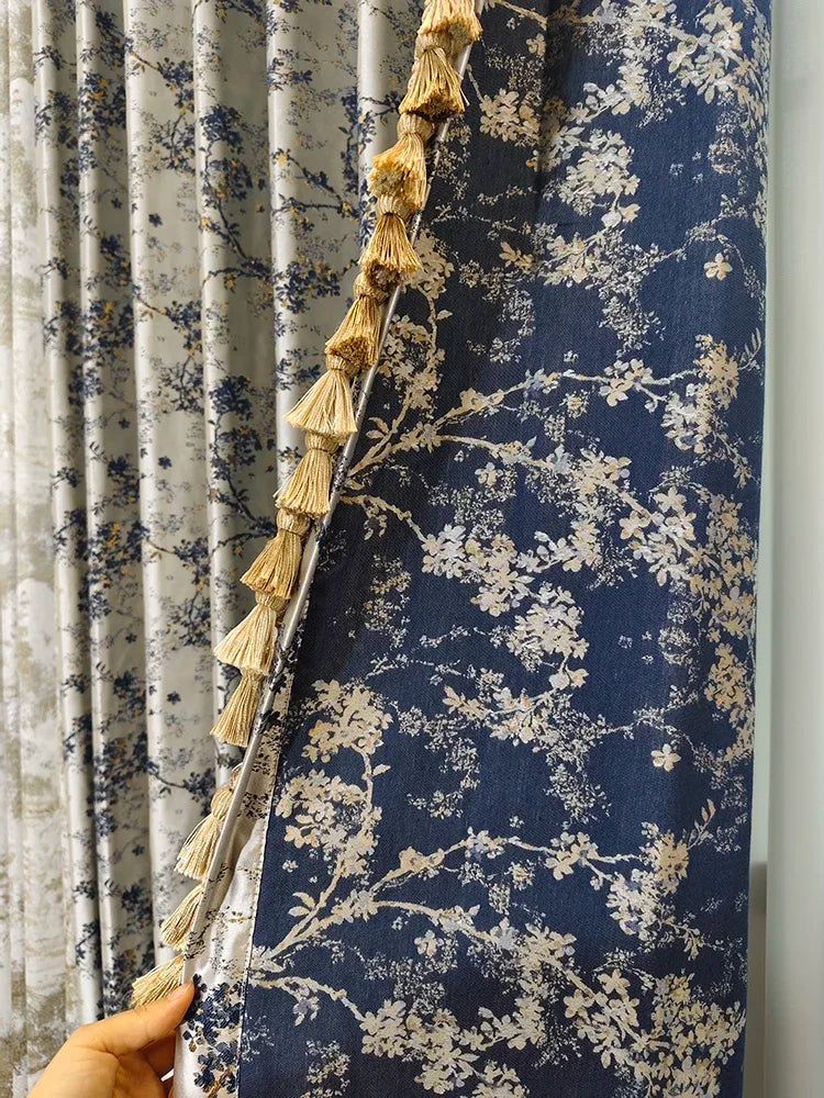 rideau classique blanc bleu doré fleurs branches stylisées opacité salon chambre fenêtre maison