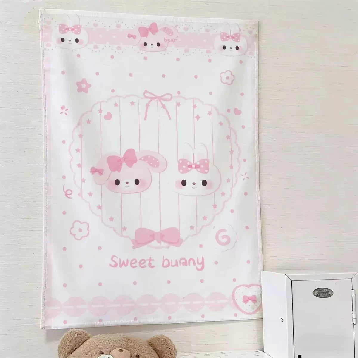 rideau kawaii enfant chien lapin rose blanc motifs étoiles points mignon décoratif chambre pastel