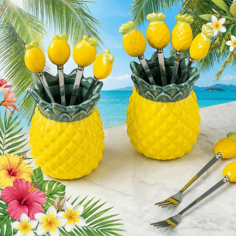ensemble d'ustensils decoratifs vase ananas fourchettes cuilleres tropical jaune vert foncé losanges ananas