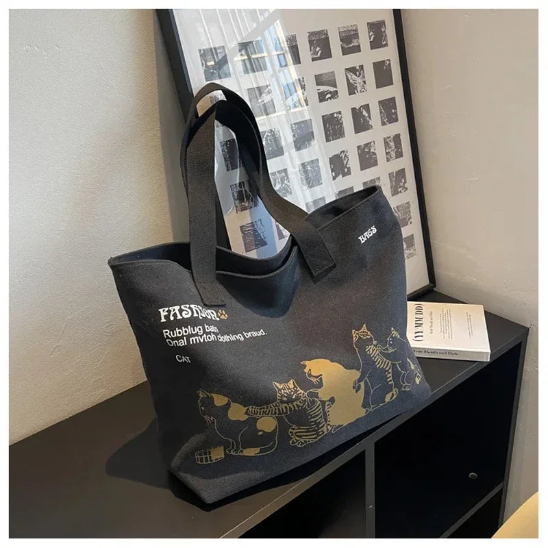 sac main femme toile imprimé chats marron clair poche zippée poche intérieure moderne casual