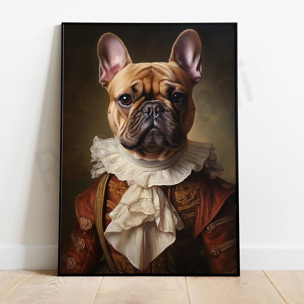 Un chien bouledogue français habillé en costume royal posant fièrement.