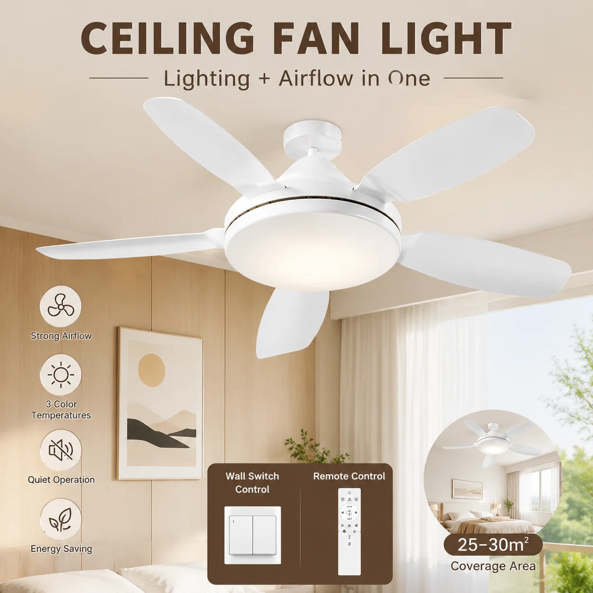 ventilateur blanc moderne led 60w télécommande 2000lm 120v 240v