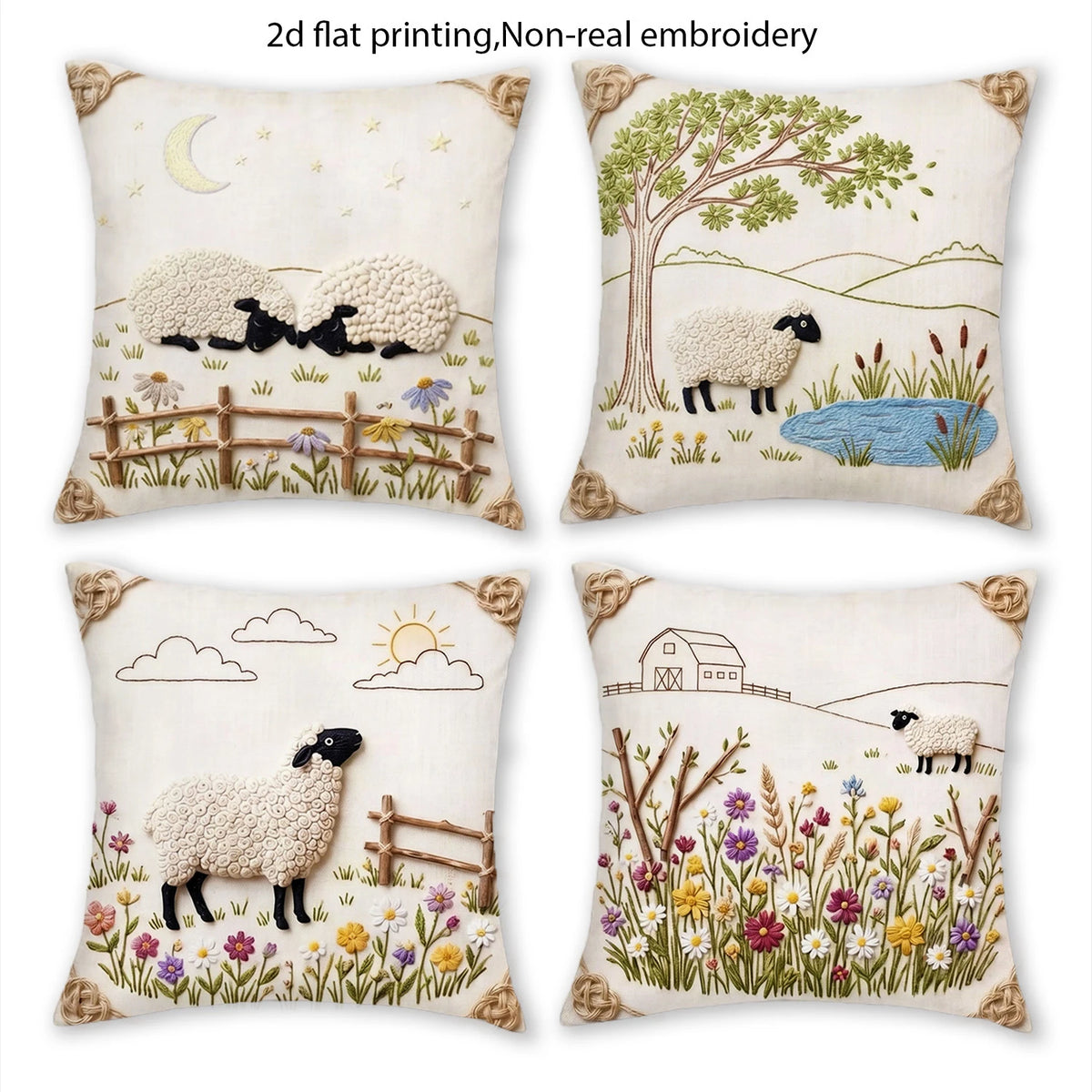 housse coussin mouton pastoral illustration fleurs arbres nuages zip 40x40cm 45x45cm 50x50cm 60x60cm polyester