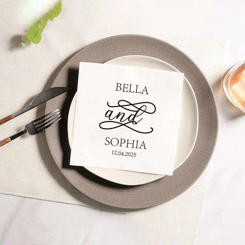 serviettes jetables blanc motif floral calligraphie dorée élégantes mariage anniversaire fêtes variées