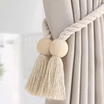 rideau boho chic ruban tissé chanvre beige clair pompon bois doux