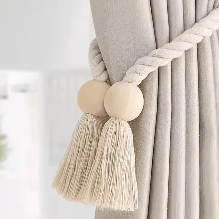 rideau boho chic ruban tissé chanvre beige clair pompon bois doux