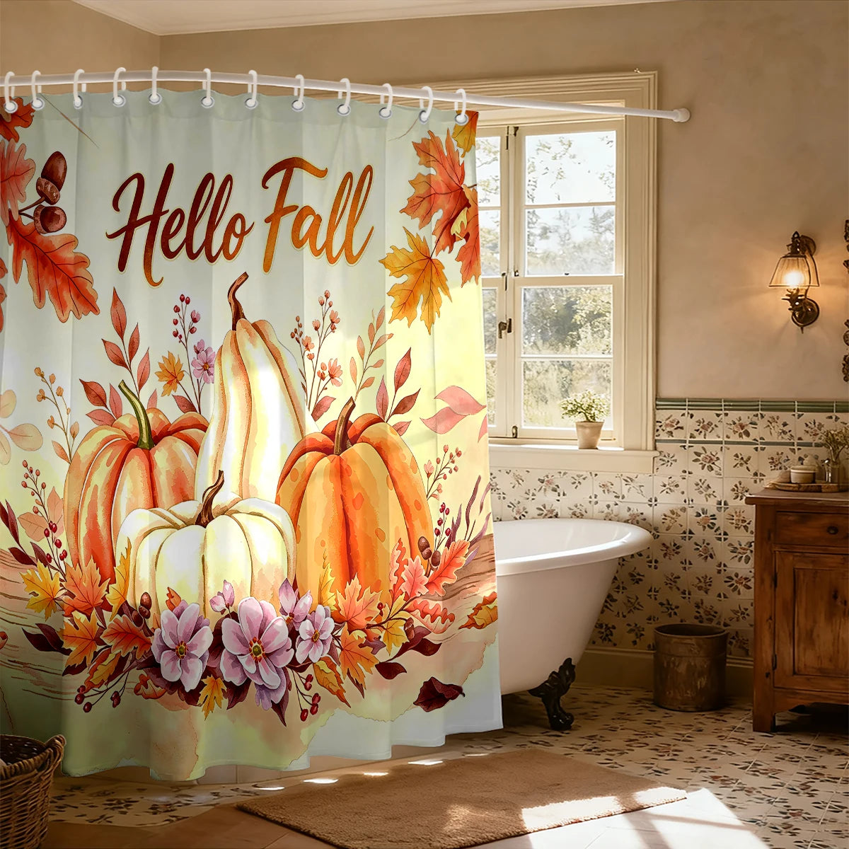 rideau douche automnal motifs citrouilles feuilles d'érable hello fall orange marron polyester tringle rideau