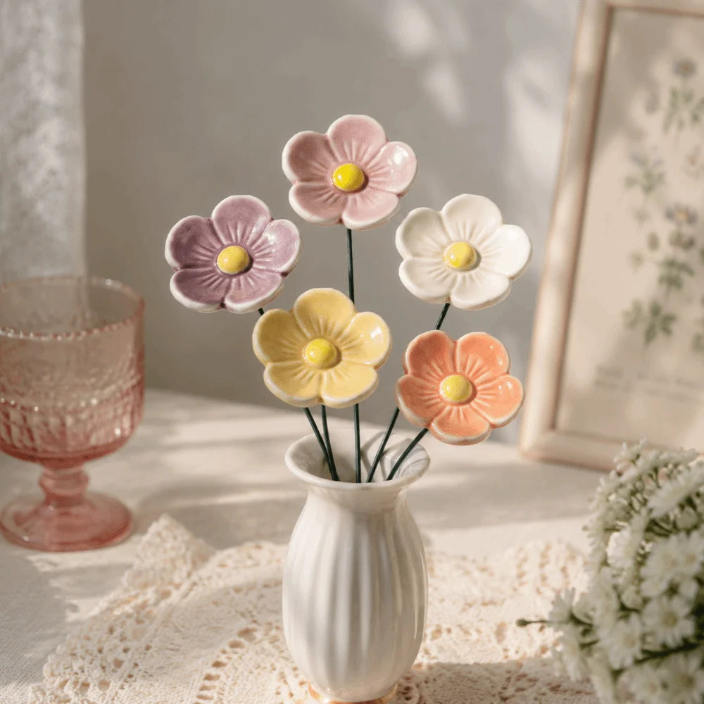 fleurs céramique artisanales modernes rose jaune blanc orange violet vert bouton central tringle jardin