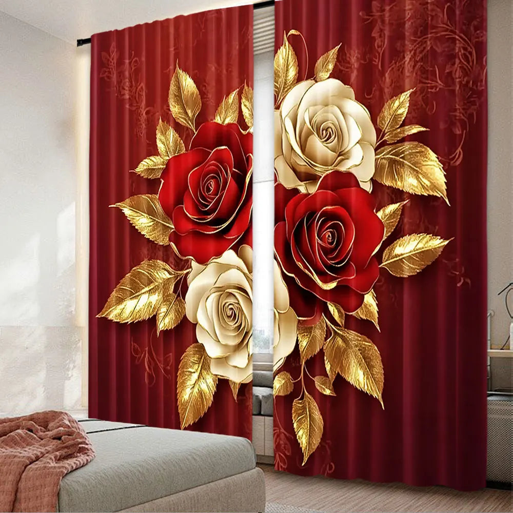 rideau moderne rouge doré roses feuilles polyester opaque deux panneaux