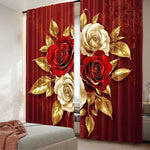 rideau moderne rouge doré roses feuilles polyester opaque deux panneaux