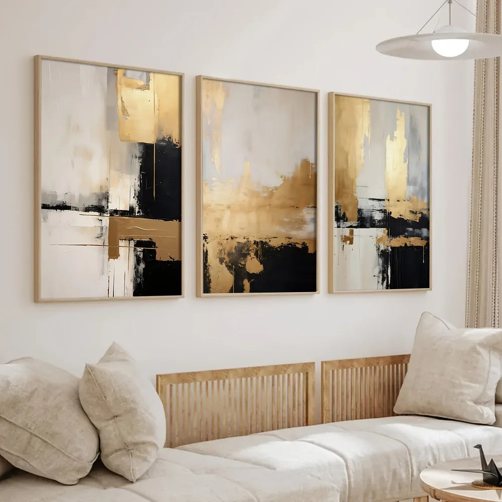 tableau abstrait contemporain minimaliste blanc noir or impression toile sans cadre trois pièces chambre