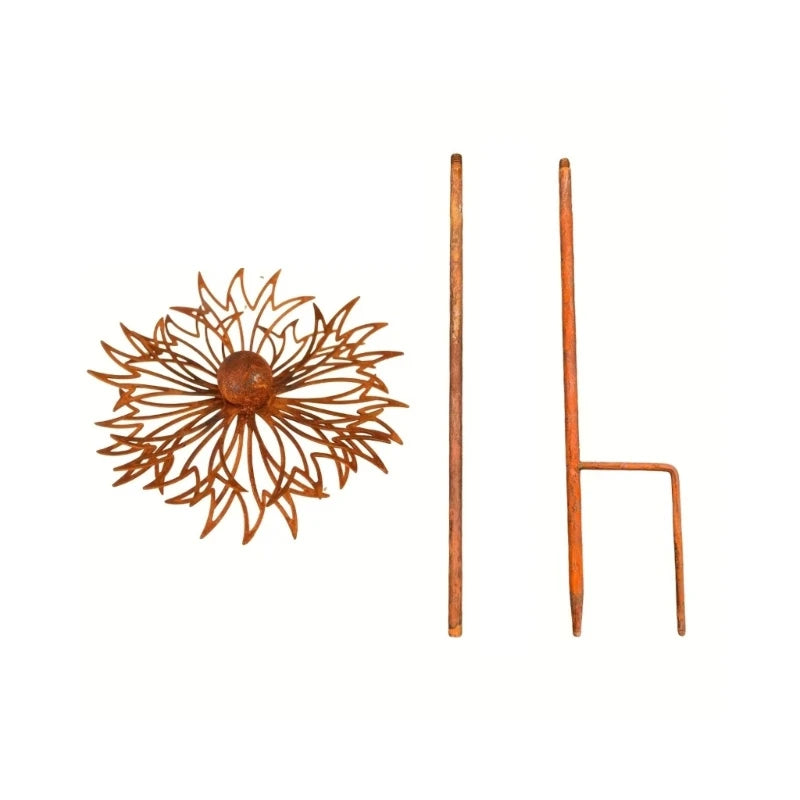 décoration jardin fleur métallique orange rouille aspect vieilli rustique pétales ajourés fixable sol