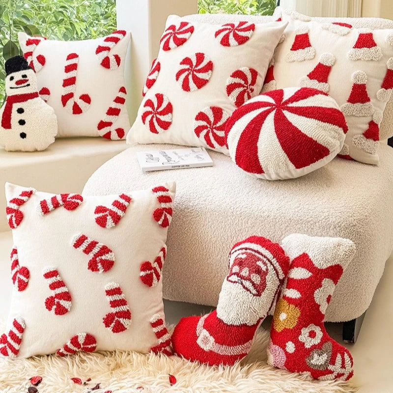 coussin carré polyester tufté motif noël bonbons rouges blancs décoratif fixations festive chambre voiture