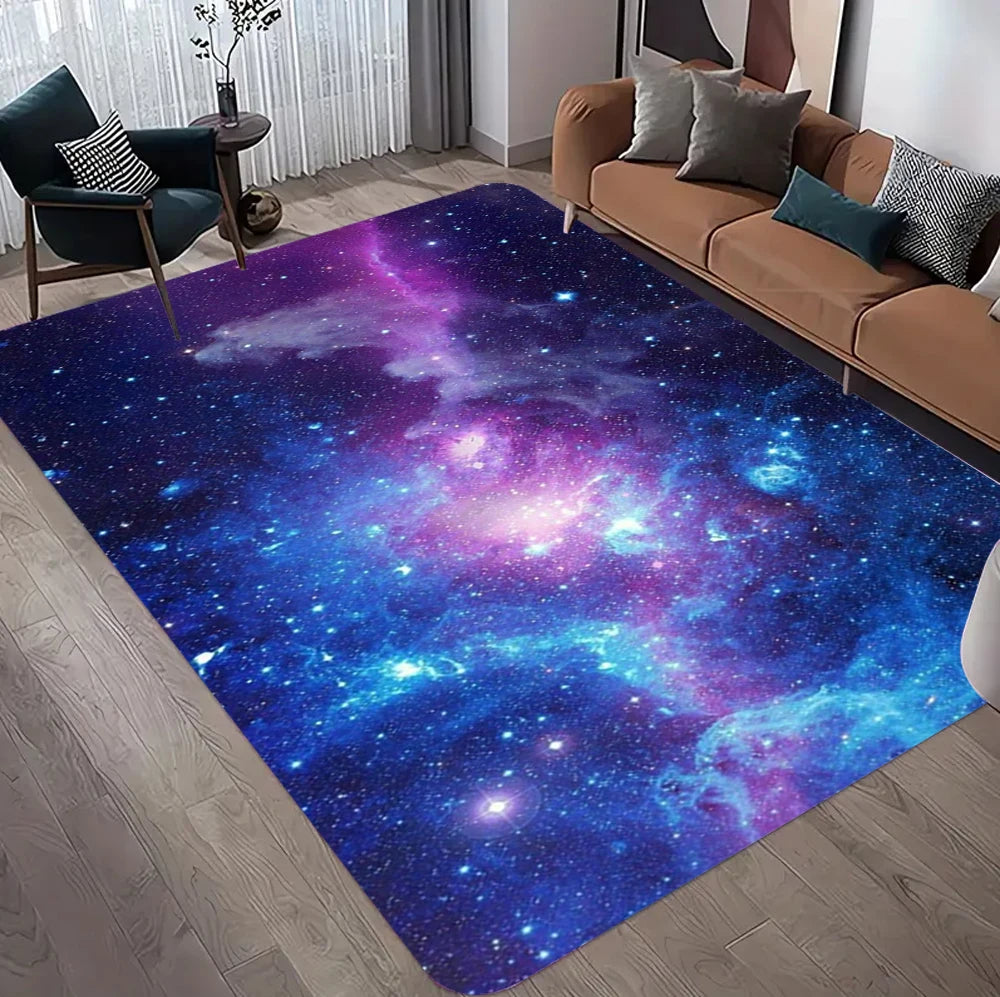 tapis salon chambre moderne motif galaxie étoiles nébuleuse violet bleu rose décoratif grand