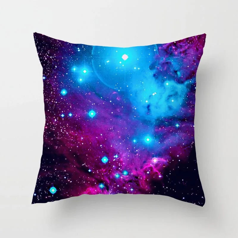 coussin carré moderne nuages étoiles galaxy bleu violet rose blanc chambre salon maison