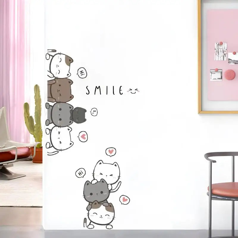 sticker mural cartoon chats gris blanc rose bleu smile decoration intérieure salon chambre enfant
