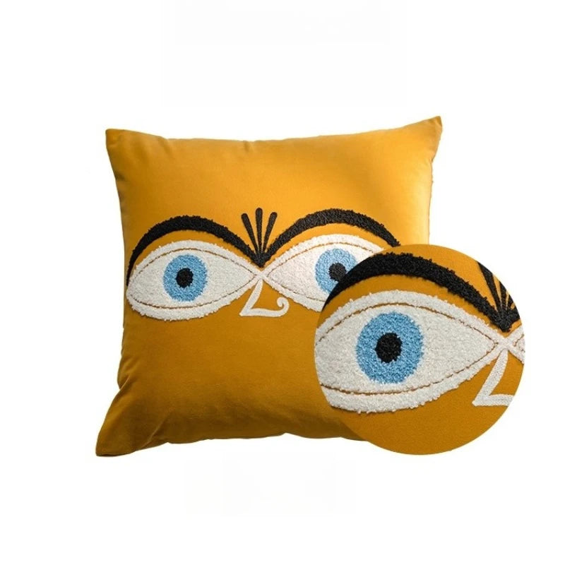 taies d'oreiller brodées chat yeux velours jaune noir modernes décoratives lit voiture 45x45