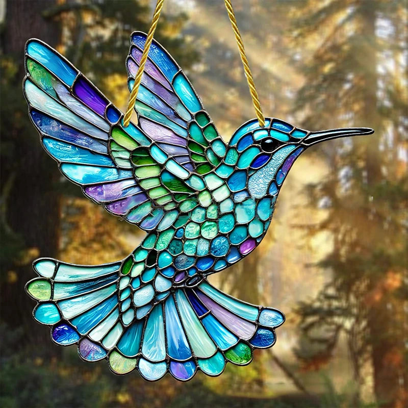 colibri multicolore mosaïque artisanal décoration suspendue chaîne dorée maison jardin ornementalité