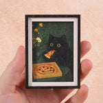 aimant réfrigérateur chat noir pizza fond vert moderne