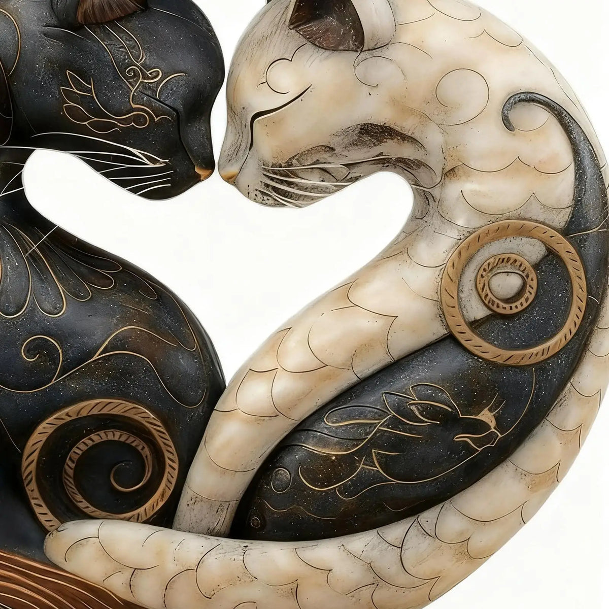 statue chats enlacés résine noire blanche motifs floraux décorative yin yang maison adulte
