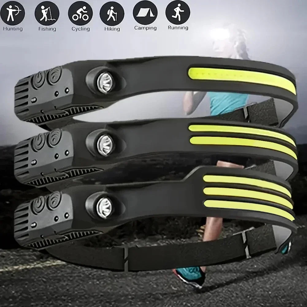 lampe frontale led rechargeable usb capteur ceinture ajustable noir jaune camping pêche extérieur moderne