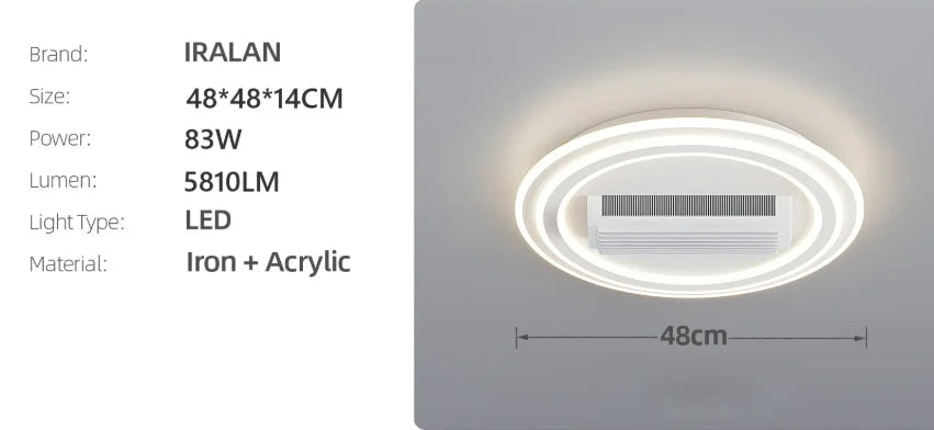 ventilateur lumière led télécommande moderne blanc arrondi fixations invisibles chambre salon