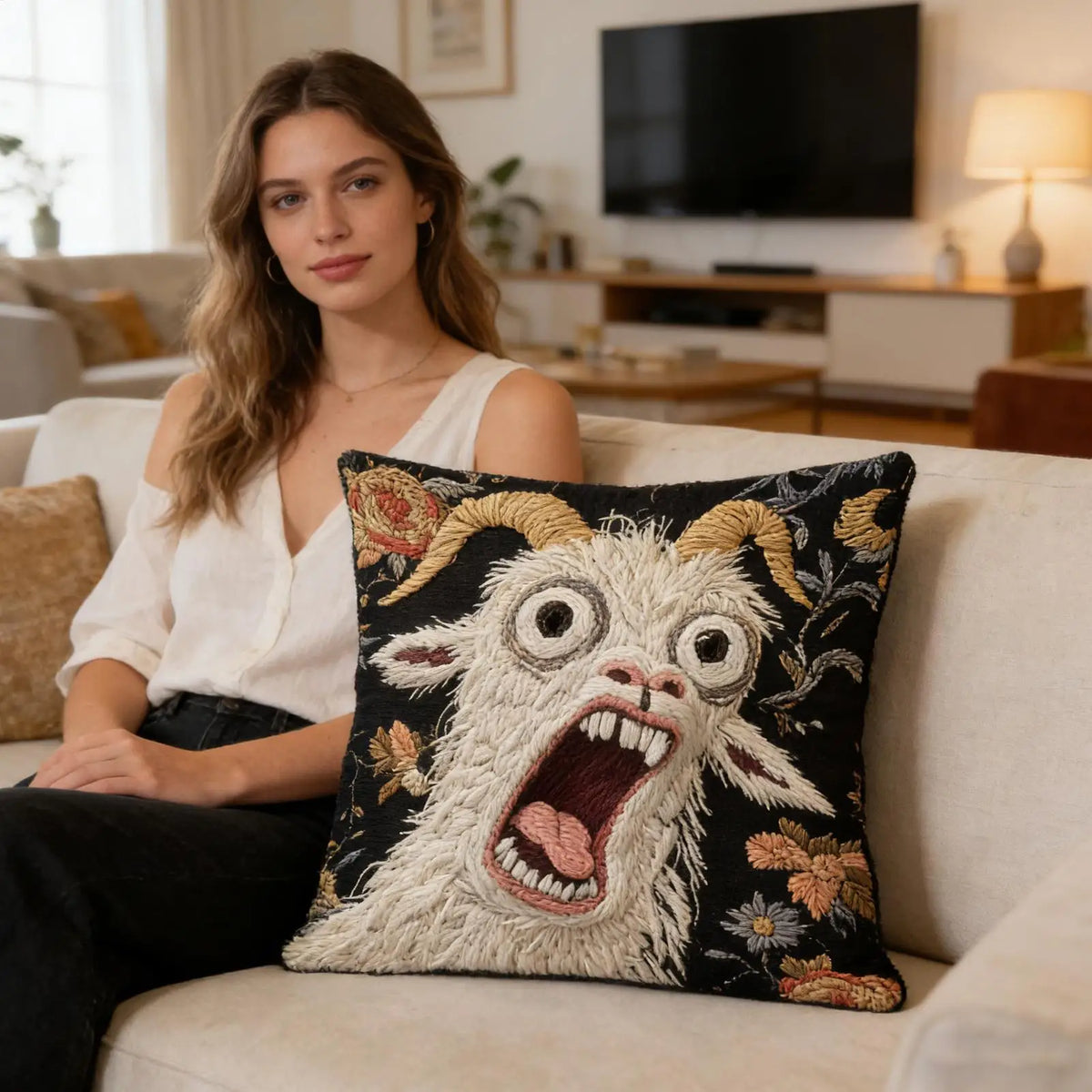 housse coussin forme chèvre hurlante noir motif animalier décoratif polyester peacheskin