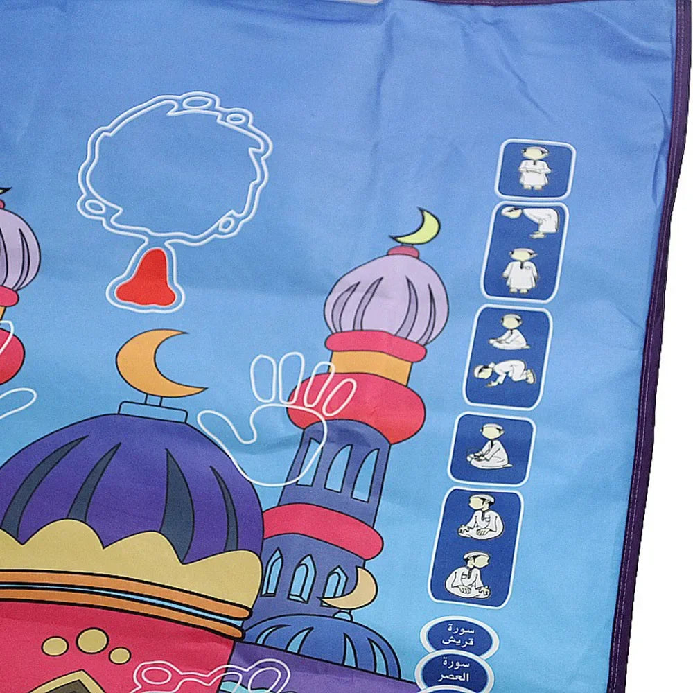tapis prière enfant motifs islamiques couleurs vives boîte contrôle câble audio écouteurs moderne bleu