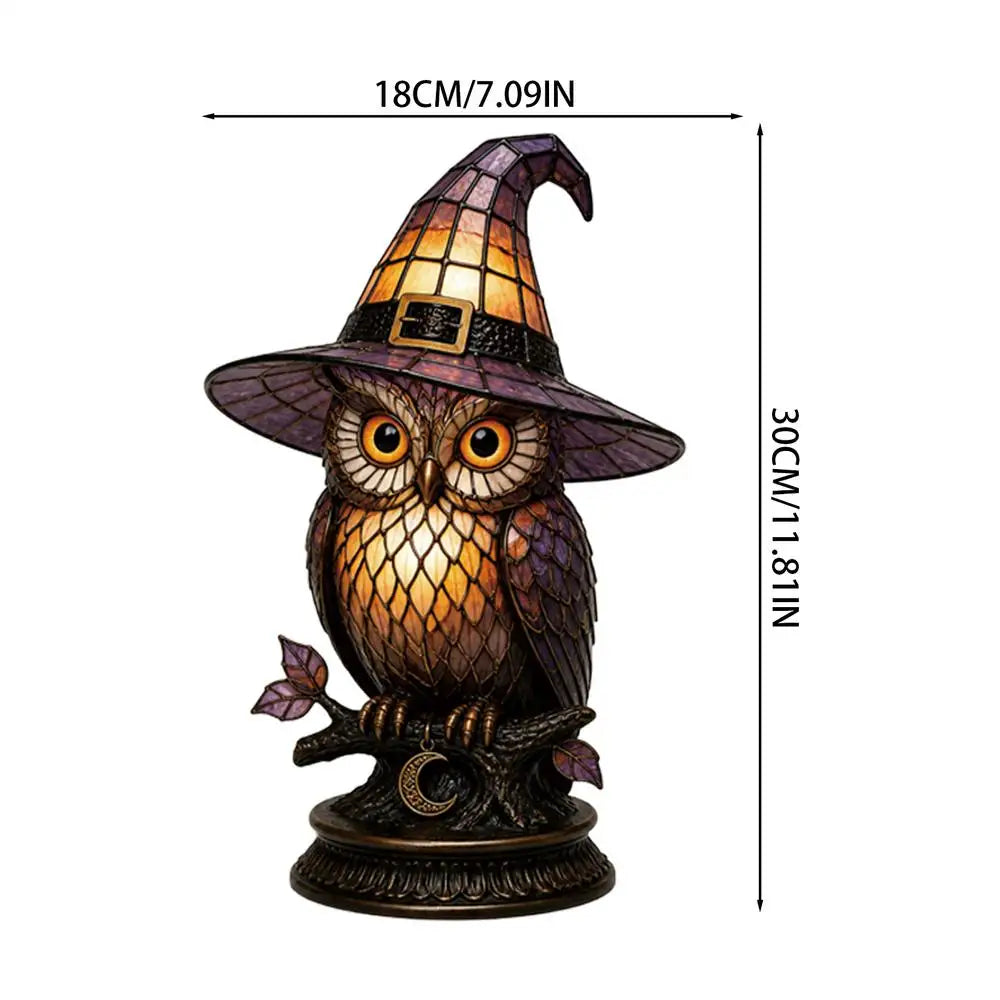 lampe décorative art déco halloween verre coloré motif hibou violet orange noir