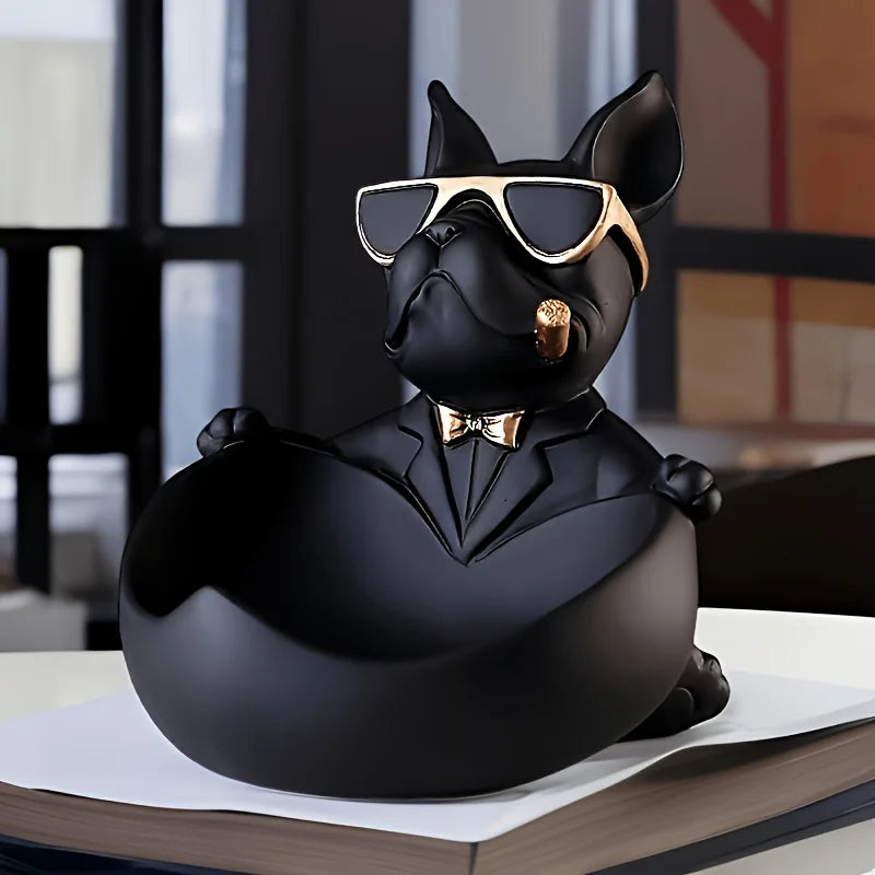 statue bulldog noir résine lunettes cravate cigare décoration humoristique maison moderne