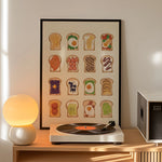affiche moderne illustrations pain garnitures beige marron vert bleu orange blanc cadre épais salon