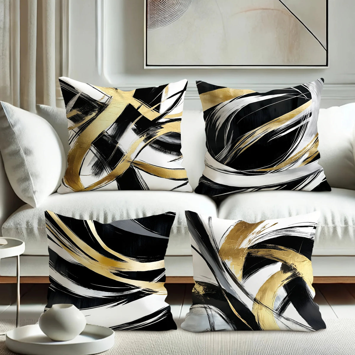 housse coussin polyester motif abstrait contemporain noir blanc doré lit salon voiture