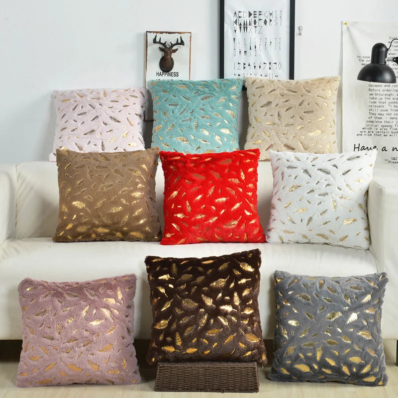 housses coussin plumes dorées fourrure moderne beige bleu rouge gris rose 43x43cm polyester respectueux