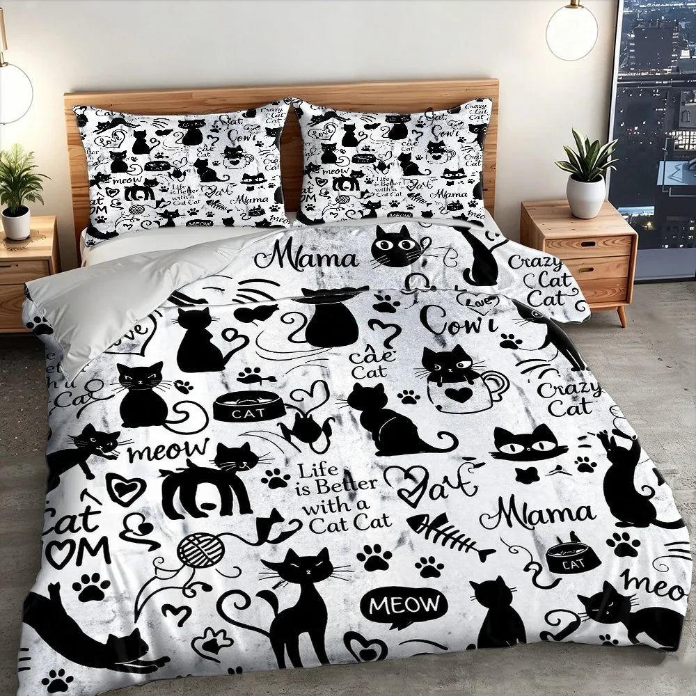 ensemble literie moderne chats noirs phrases blanches housse couette taies oreillers adultes machine