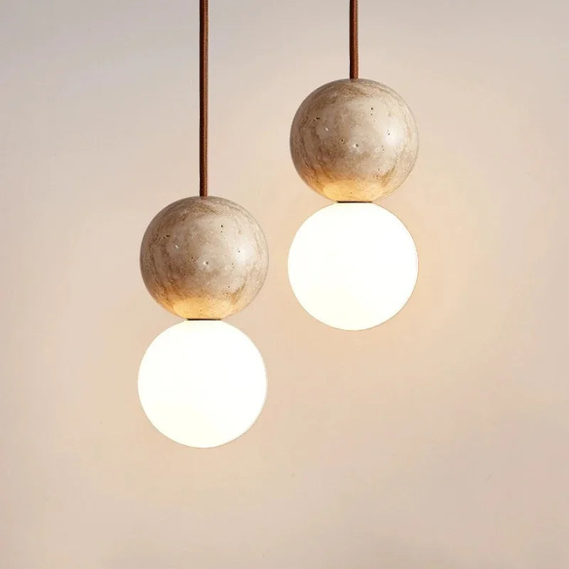 suspension lumineuse moderne pierre blanc beige doré texture granulée interrupteur bouton led 3000k 7w