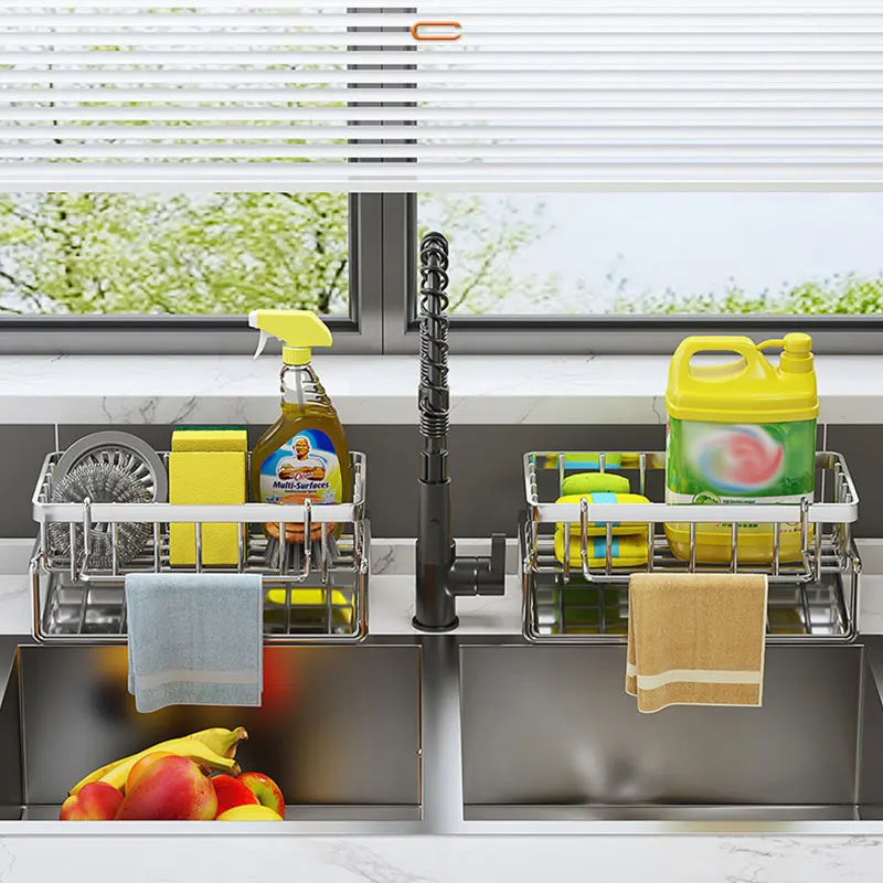 étagère cuisine inoxydable moderne adhésif gobelet nettoyage gant brosse serviette savon flacon liquide douche