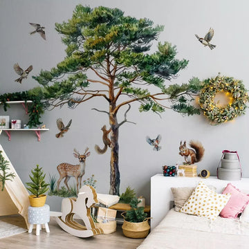 sticker mural forêt animaux aquarelle chambre enfants pins écureuils cerfs champignons vert marron rouge
