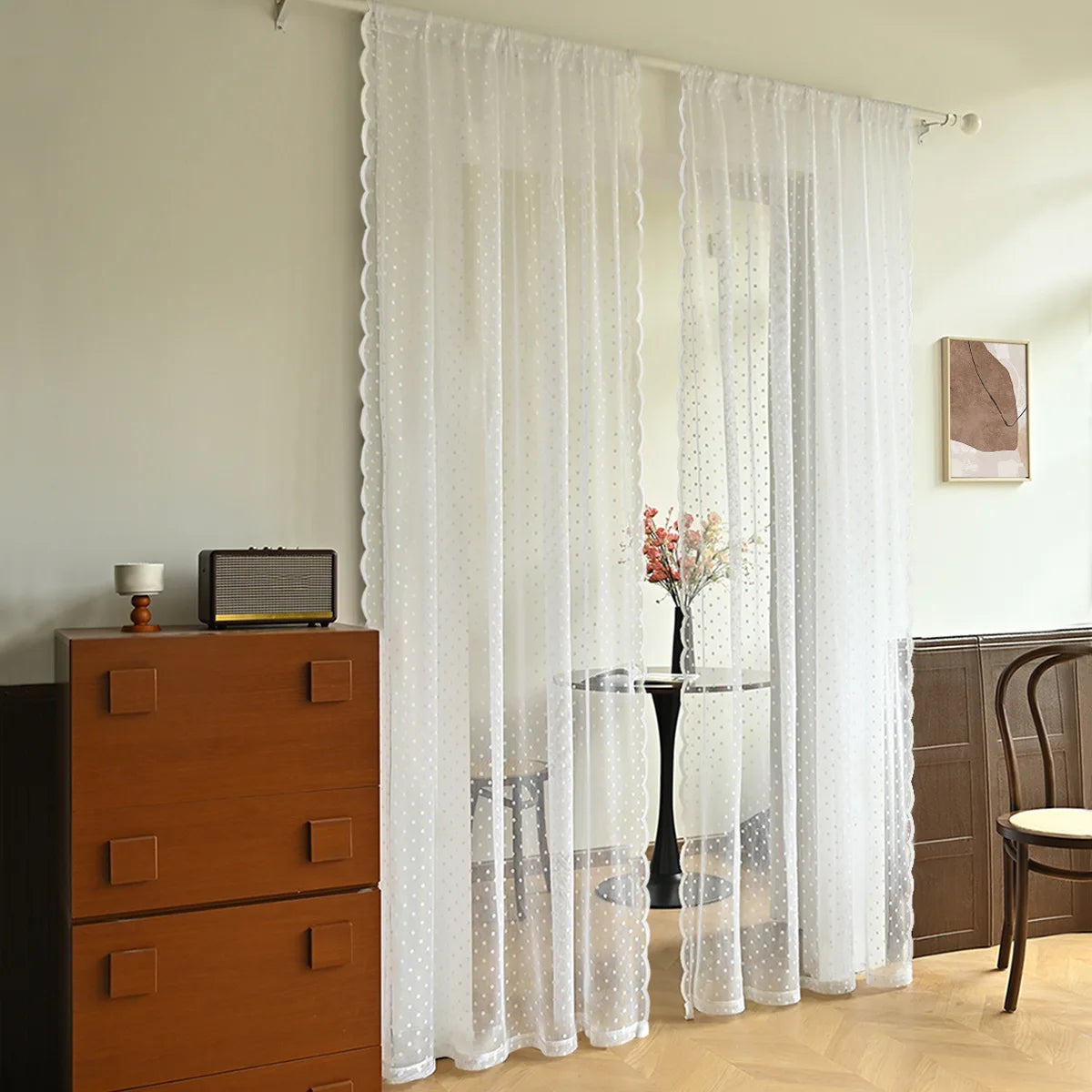rideau blanc pois transparent classique polyester coton salon chambre deux panneaux