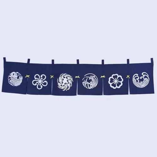 rideau porte horizontal japonais motifs floraux animaux bleu marine traditionnel opacité decoration interieur