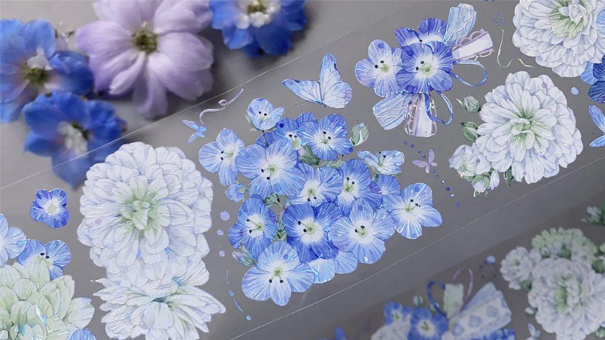 ruban décoratif floral stickers papillons fleurs bleu violet vert transparent bricolage scrapbooking diy