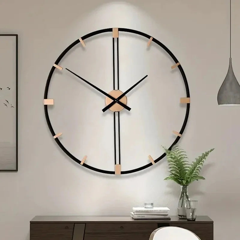 horloge murale moderne 60cm cadre noir transparent aiguilles numéros dorés quartz métal